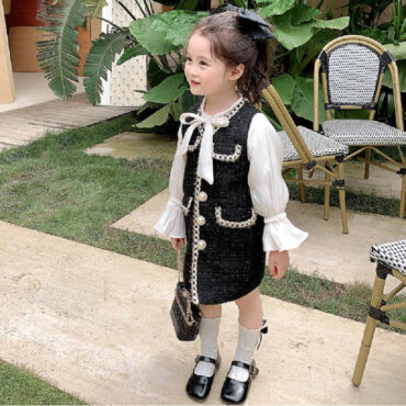 ⁦فستان راقي للفتيات الأميرات بأكمام طويلة مزين بأزرار أمامية رائعة مع جيوب وربطة⁩ - الصورة ⁦3⁩