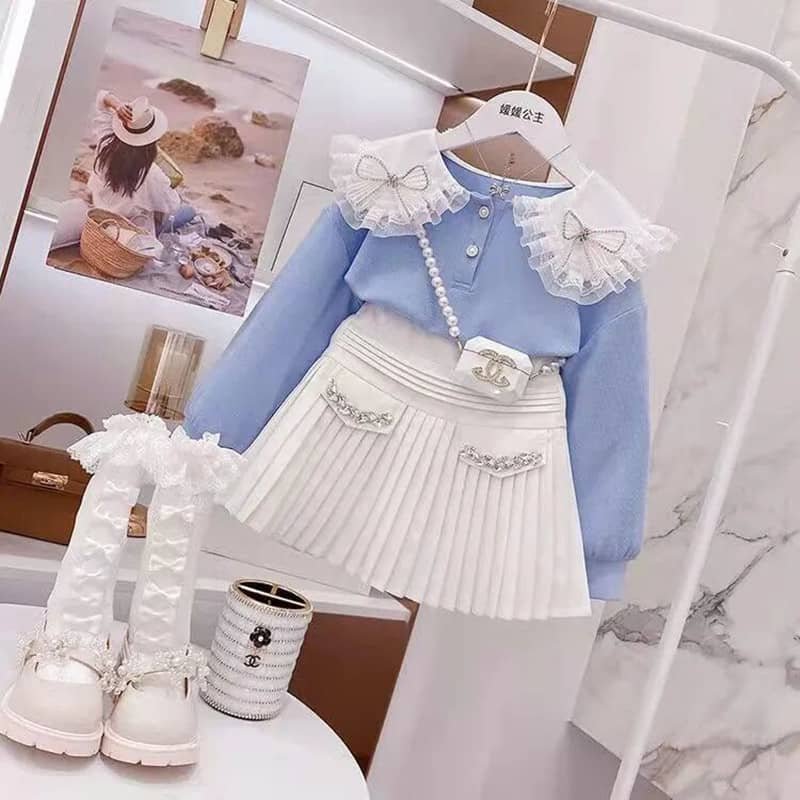 طقم بناتي أنيق مكون من قطعتين بلوزة بأكمام طويلة وتنورة بتصميم عصري جذاب