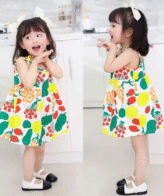 فستان بحمالات على شكل فيونكة نمط رسومات فواكة للفتيات الصغيرات