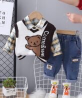 طقم ولادي يتكون من ثلاث قطع شميز بأكمام طويلة وسترة علوية بدون أكمام وبنطلون