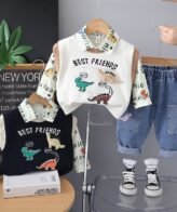 طقم ولادي راقي يتكون من شميز بأكمام طويلة وسترة علوية بدون أكمام وبنطلون للأولاد الصغار