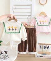 طقم بناتي راقي يتكون من بلوزة بأكمام طويلة وبنطلون للفتيات الصغيرات