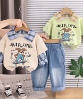 طقم ولادي يتكون من شميز بأكمام طويلة مع تيشيرت ملتصق وبنطلون جينز للأولاد الصغار