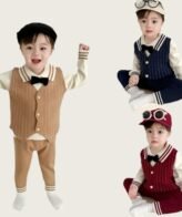 طقم ولادي يتكون من فنيلا بأكمام طويلة مع يلق ملتصق ومزينة بربطة عنق وبنطلون للأولاد الرضع