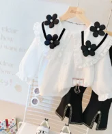 طقم بناتي فخم مكون من قطعتين شميز مزين بالورود وسروال