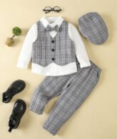 طقم ولادي يتكون من شميز بأكمام طويلة على يلق وقبعة وبنطلون بشكل مناسب للأعياد والمناسبات