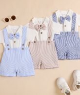 طقم ولادي يتكون من شميز بأكمام قصيرة مزين بربطة عنق وشورت على شيال