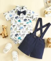 طقم مواليد ولادي يتكون من قطعتين شميز بأكمام قصيرة مزين بربطة عنق و شورت على شيال