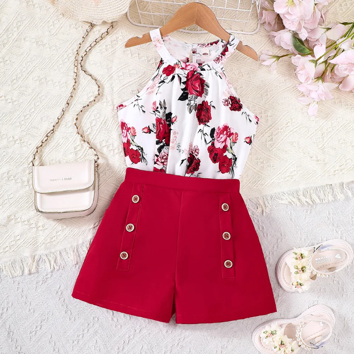 طقم بناتي مكون من بلوزه بدون اكمام وشورت بشكل جذاب