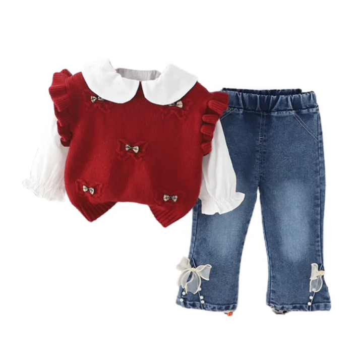 طقم بناتي مكون من بلوزة بأكمام طويله وستره وبنطلون بتصميم حديث - الصورة 2