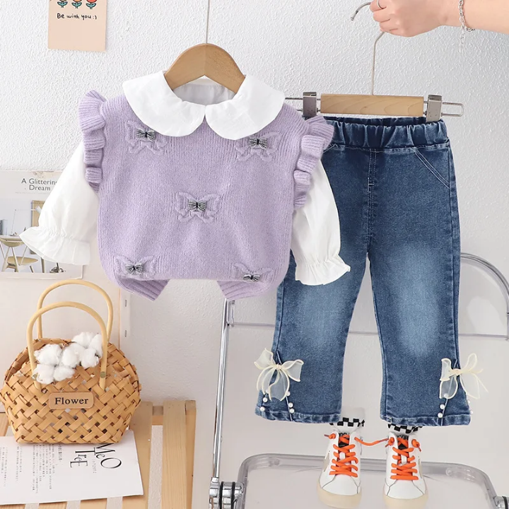 طقم بناتي مكون من بلوزة بأكمام طويله وستره وبنطلون بتصميم حديث - الصورة 3