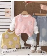 طقم بناتي راقي يتكون من سترة بأكمام طويلة مزينة بفيونكة وبنطلون بتصميم فرنسي حديث للفتيات الصغيرات