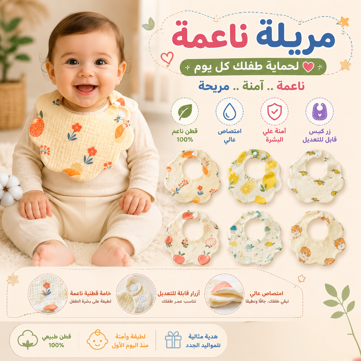 مريلة أطفال دائرية من القطن الناعم